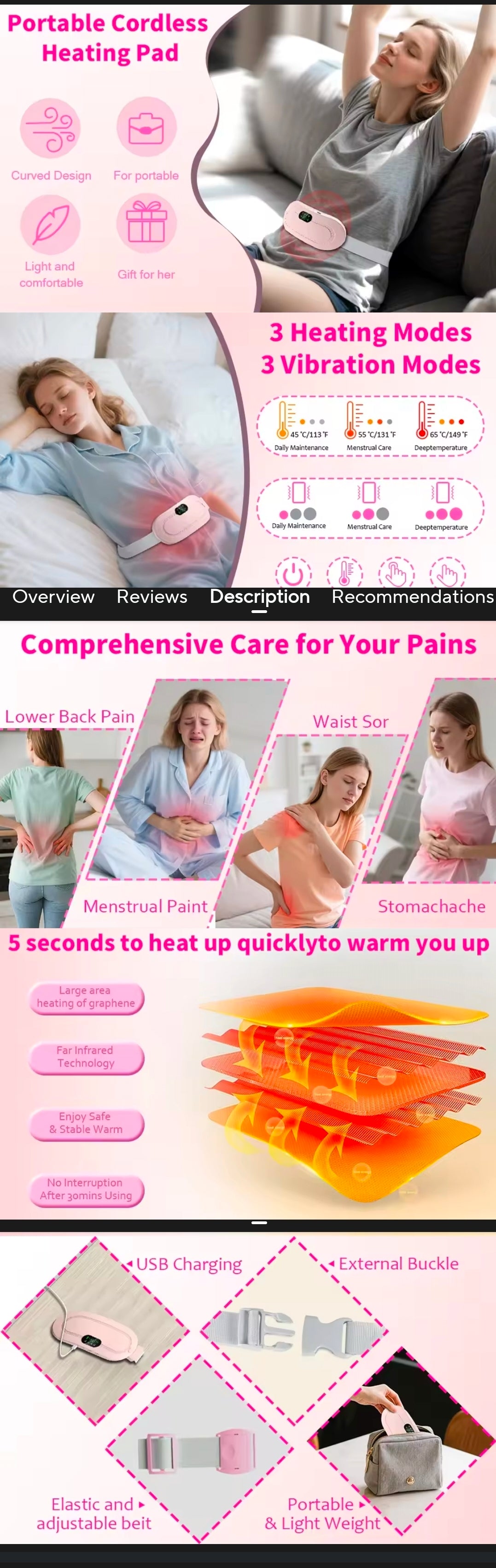 Electric Period Cramp Massager Vibrating Heating Belt for Menstrual Waist Stomach Abdominal Warm Palace Belt