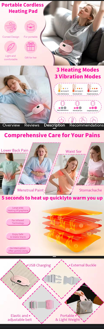Electric Period Cramp Massager Vibrating Heating Belt for Menstrual Waist Stomach Abdominal Warm Palace Belt
